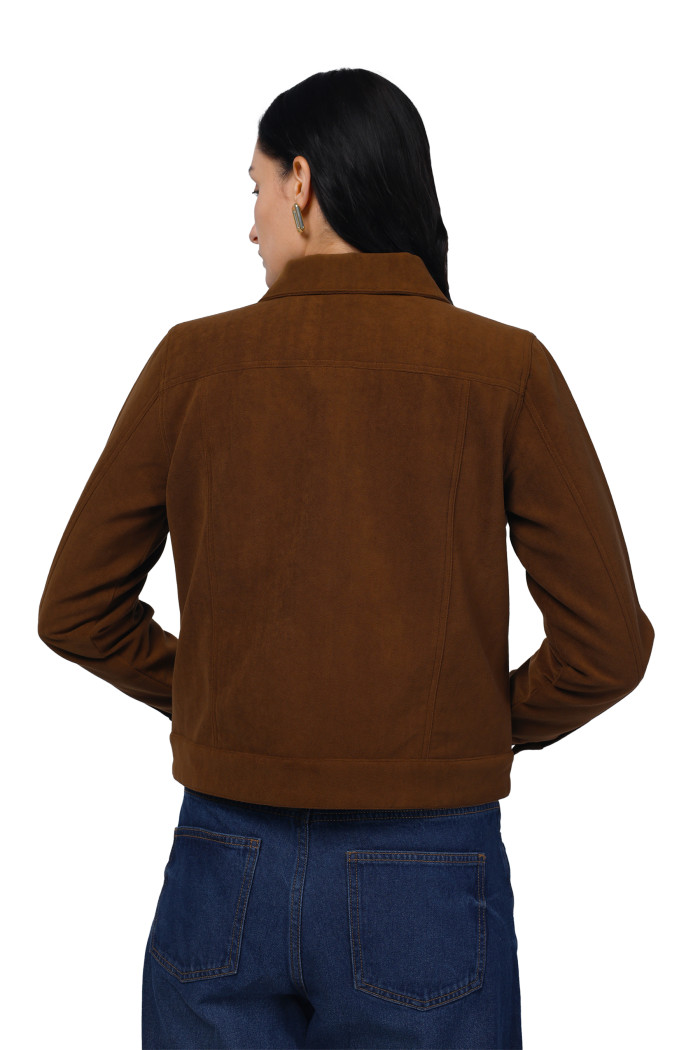 A model showcasing Women Shirt Collar Short Jacket In Bonded Suede Fabric thumbnail.