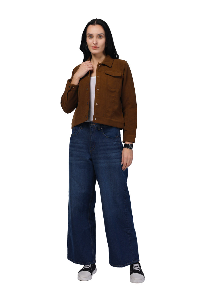 A model showcasing Women Shirt Collar Short Jacket In Bonded Suede Fabric thumbnail.