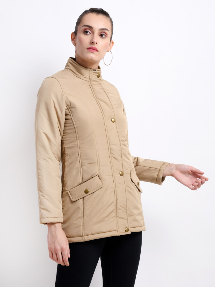 A model showcasing Women High Neck Casual Jacket thumbnail.