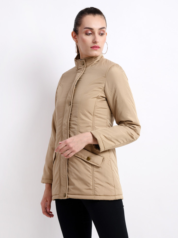 A model showcasing Women High Neck Casual Jacket thumbnail.