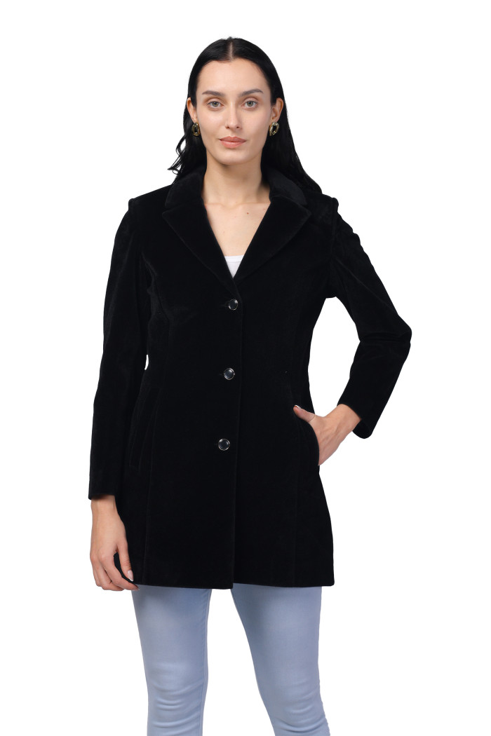 Women Semi Long Coat in Bonded Velvet Fabric - Black