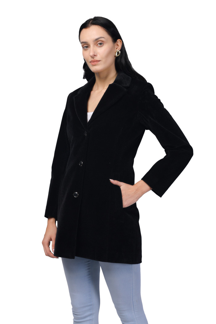 A model showcasing Women Semi Long Coat in Bonded Velvet Fabric thumbnail.