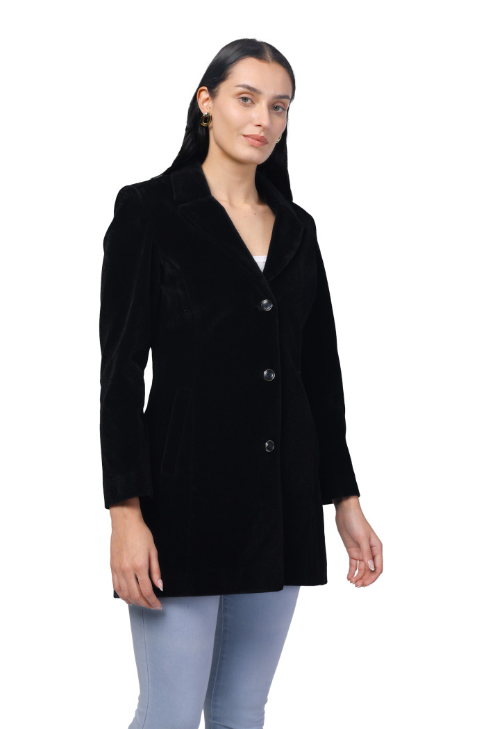 A model showcasing Women Semi Long Coat in Bonded Velvet Fabric thumbnail.