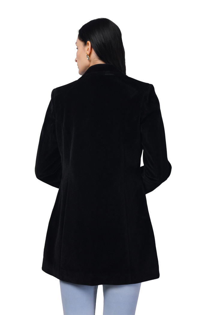 A model showcasing Women Semi Long Coat in Bonded Velvet Fabric thumbnail.