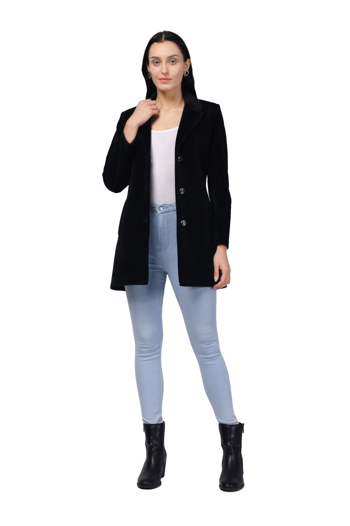 A model showcasing Women Semi Long Coat in Bonded Velvet Fabric thumbnail.