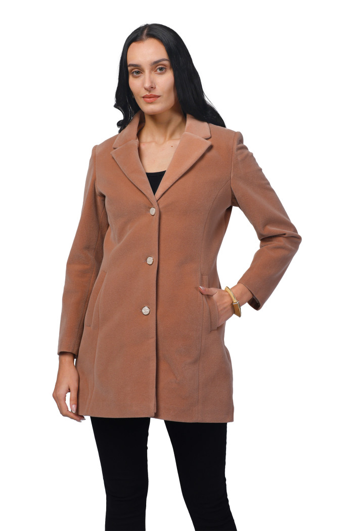 Women Semi Long Coat In Bonded Velvet Fabric - Peach