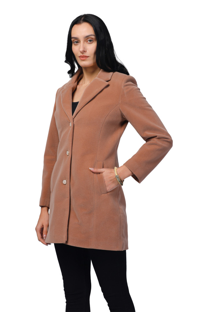 A model showcasing Women Semi Long Coat In Bonded Velvet Fabric thumbnail.