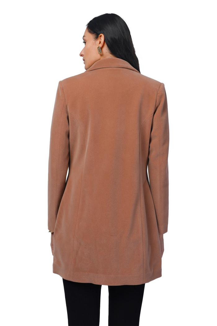 A model showcasing Women Semi Long Coat In Bonded Velvet Fabric thumbnail.