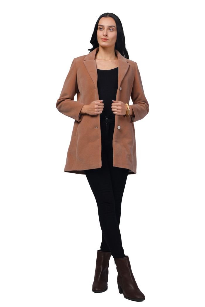 A model showcasing Women Semi Long Coat In Bonded Velvet Fabric thumbnail.