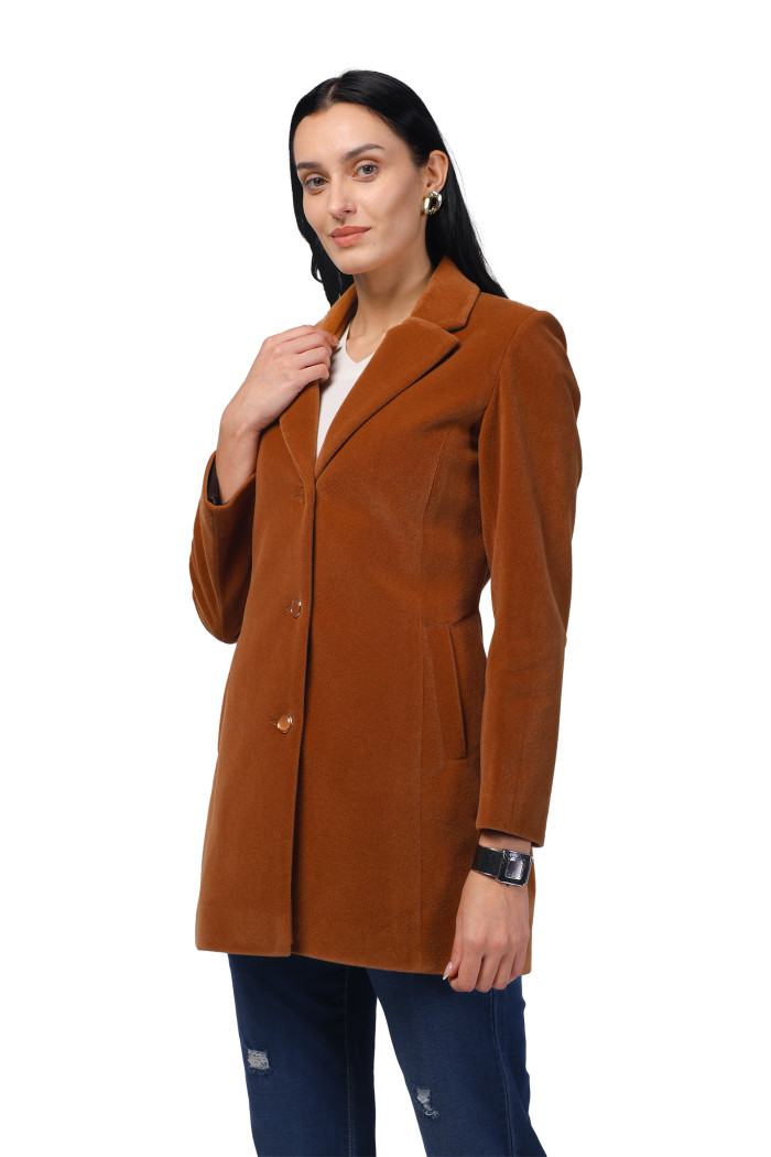 A model showcasing Women Semi Long Coat In Bonded Velvet Fabric thumbnail.