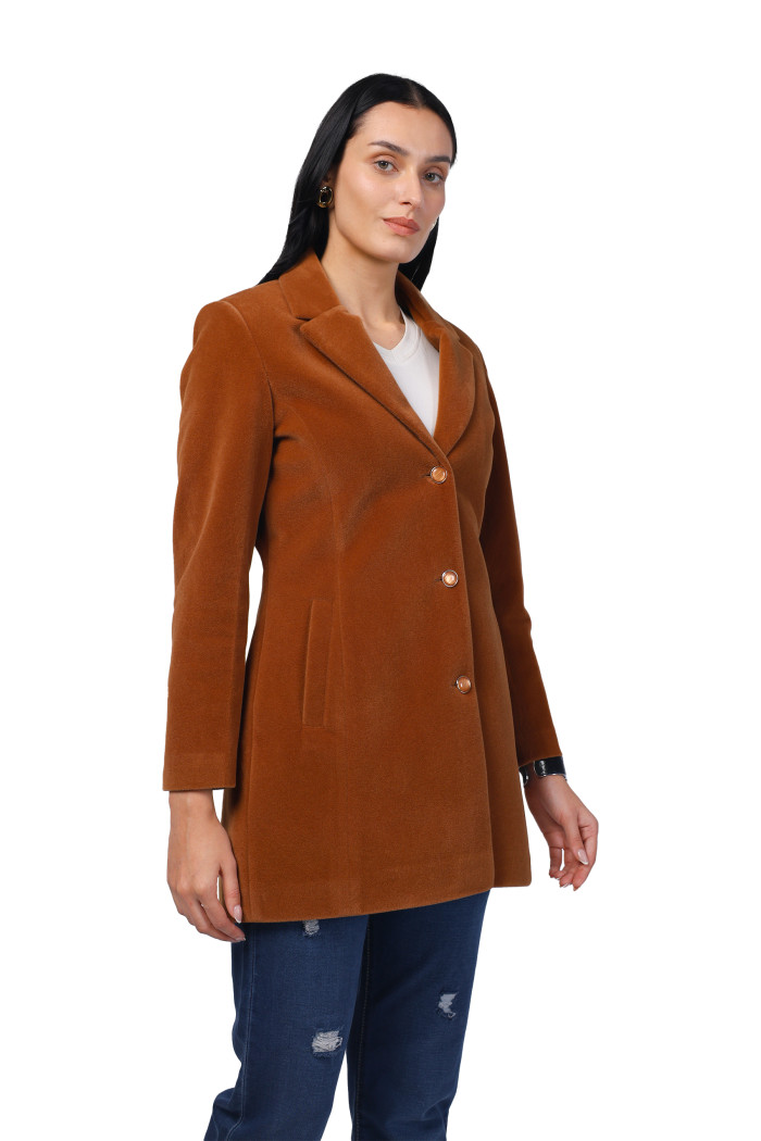 A model showcasing Women Semi Long Coat In Bonded Velvet Fabric thumbnail.