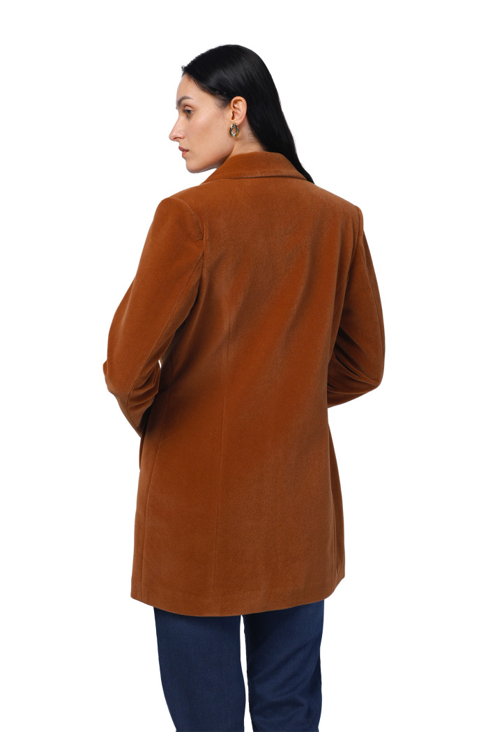 A model showcasing Women Semi Long Coat In Bonded Velvet Fabric thumbnail.