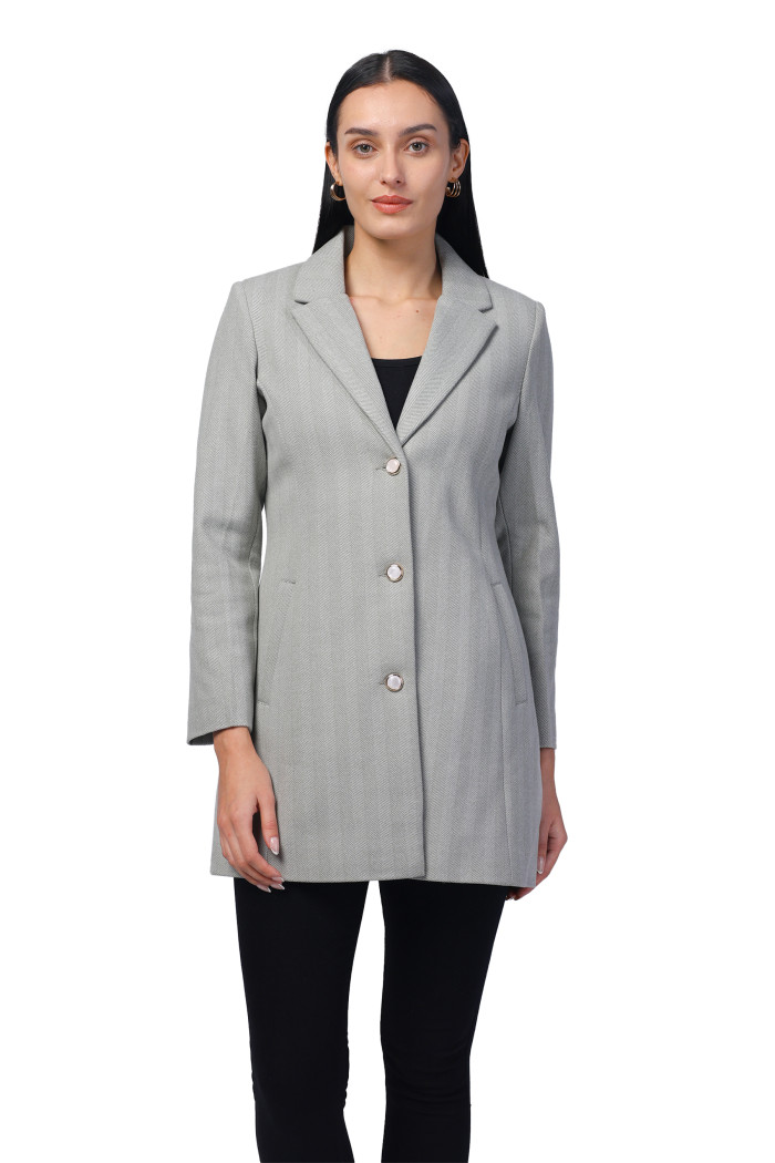 Women Semi Long Coat In Knitted Herringbone Tweed - Green