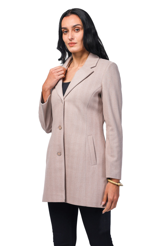 A model showcasing Women Semi Long Coat In Knitted Herringbone Tweed thumbnail.