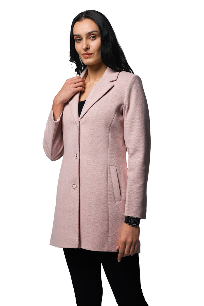 A model showcasing Women Semi Long Coat In Knitted Herringbone Tweed thumbnail.