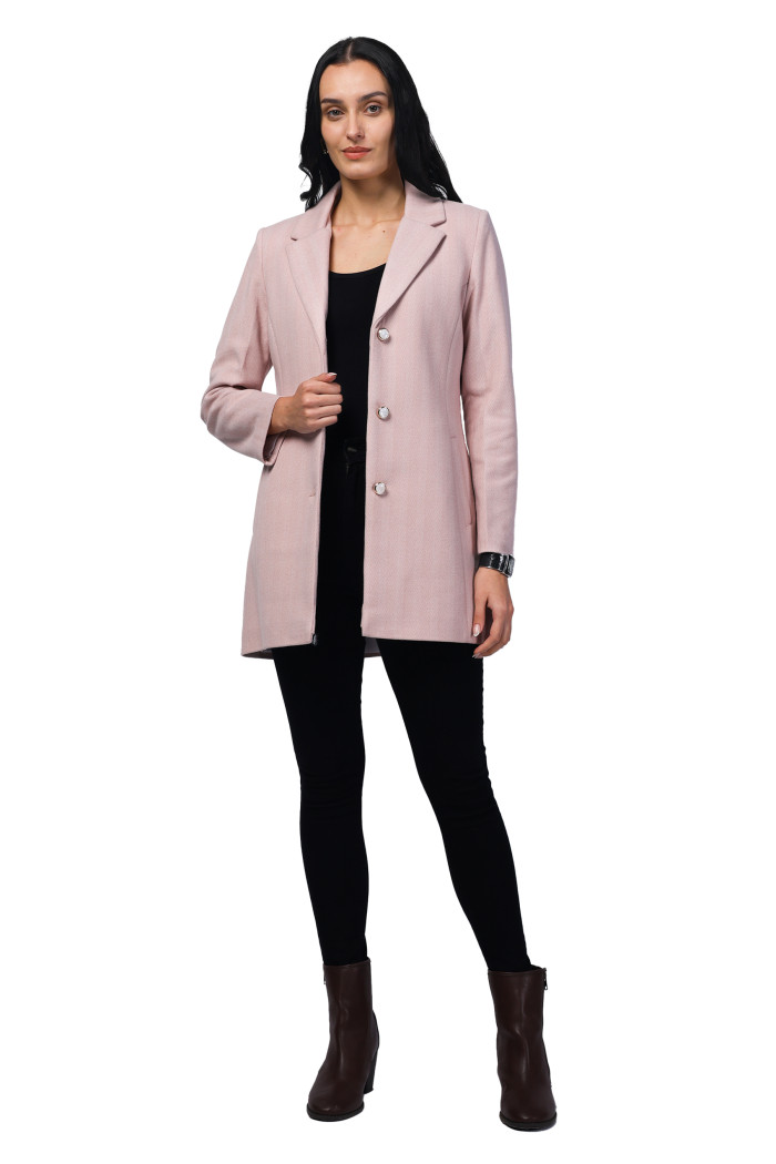 A model showcasing Women Semi Long Coat In Knitted Herringbone Tweed thumbnail.