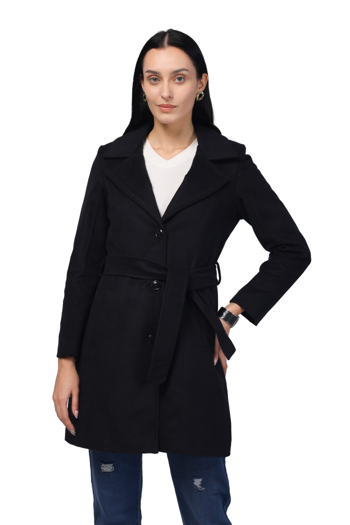 Women Long Coat in Fur Tweed Fabric - Black