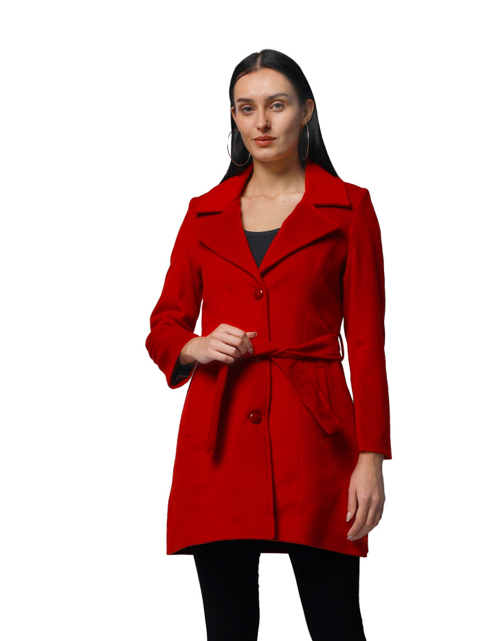 Women Long Coat In Fur Tweed Fabric - Red