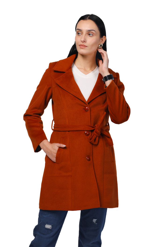 Women Long Coat In Fur Tweed Fabric - Rust