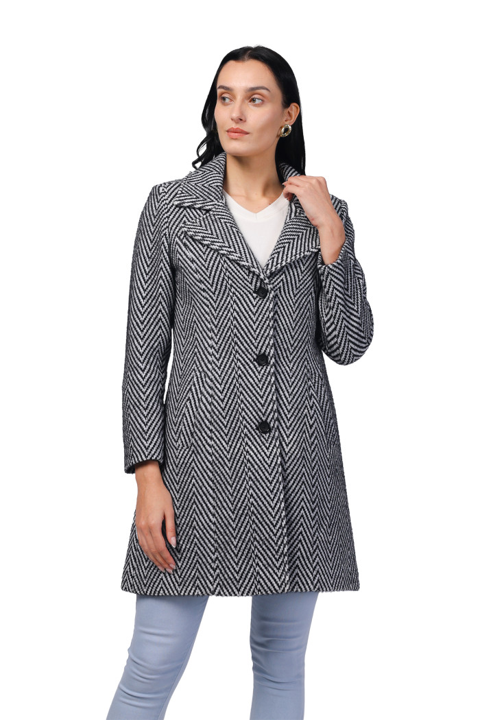 Women Long Coat in Hairy Herringbone Tweed Fabric - Black