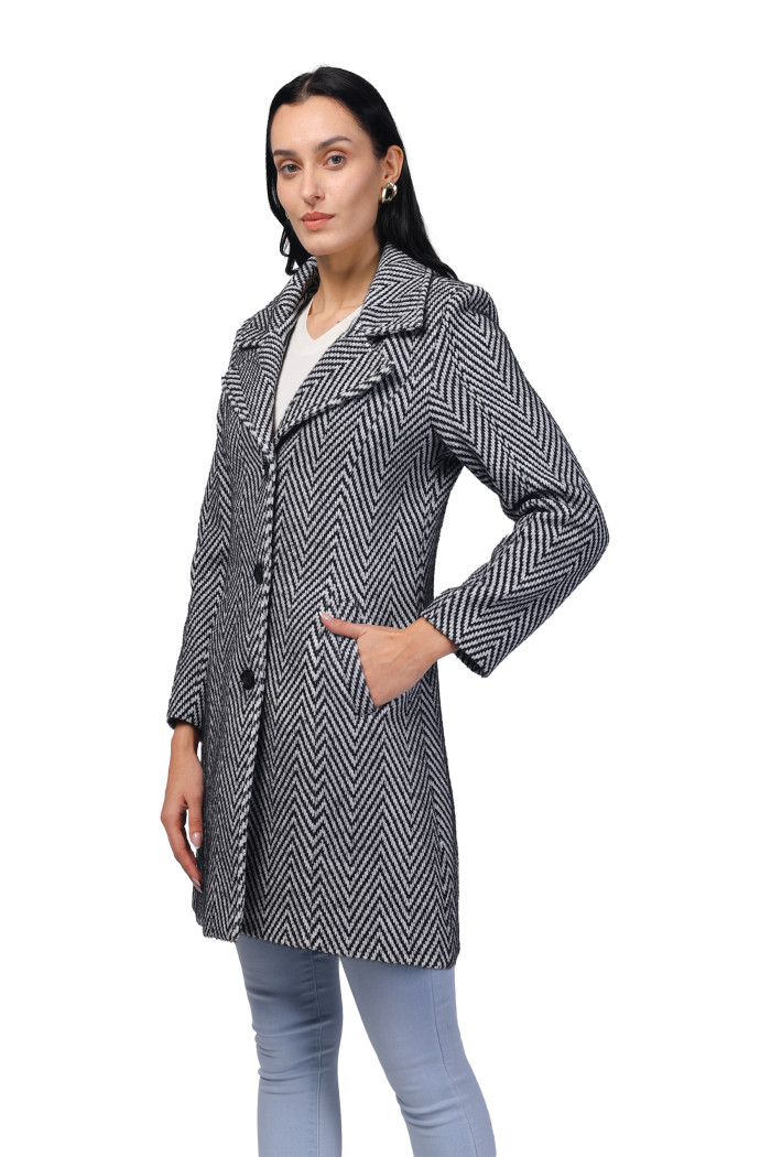 A model showcasing Women Long Coat in Hairy Herringbone Tweed Fabric thumbnail.