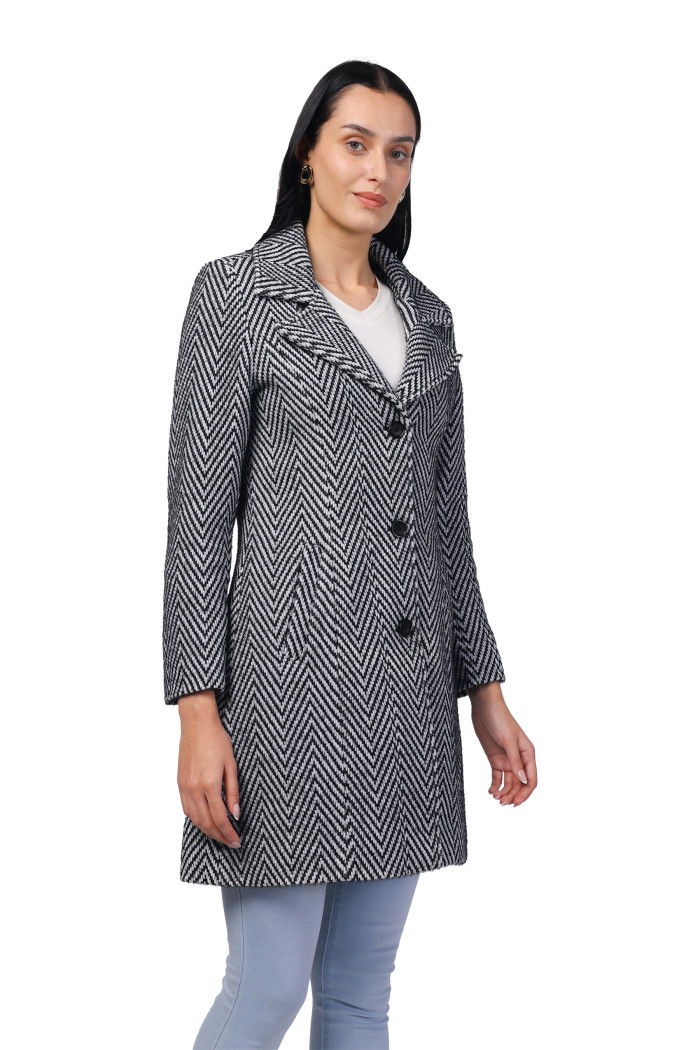 A model showcasing Women Long Coat in Hairy Herringbone Tweed Fabric thumbnail.