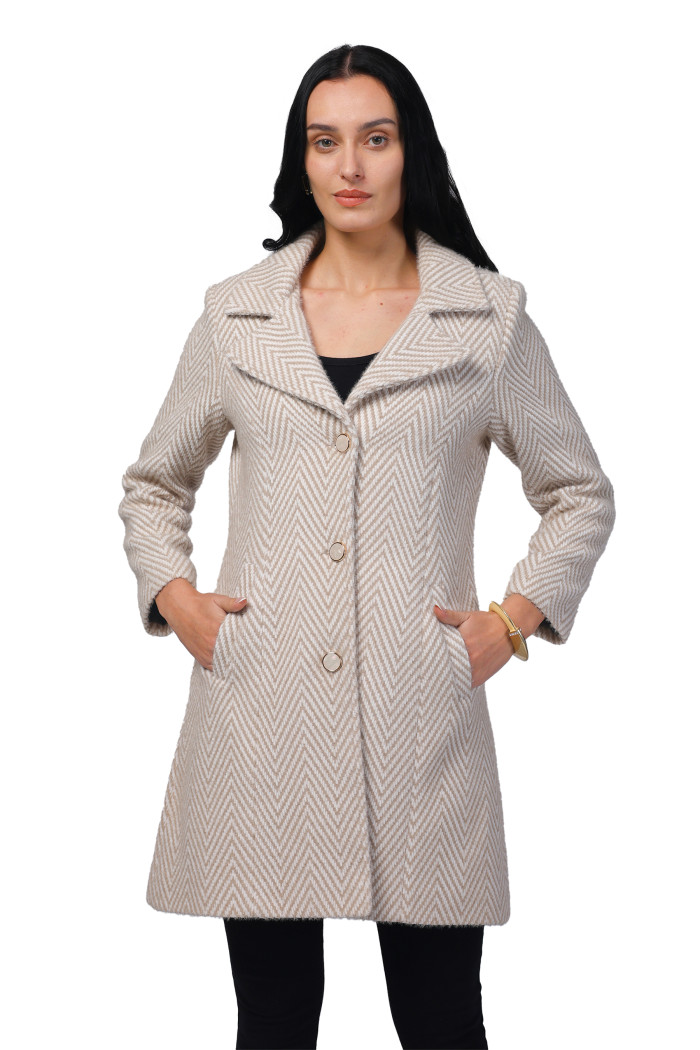 Women Long Coat in Hairy Herringbone Tweed Fabric - Camel