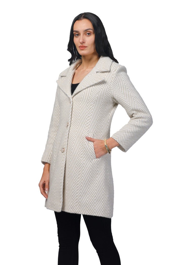 A model showcasing Women Long Coat in Hairy Herringbone Tweed Fabric thumbnail.