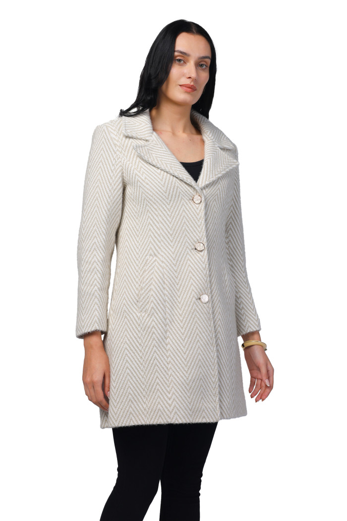 A model showcasing Women Long Coat in Hairy Herringbone Tweed Fabric thumbnail.