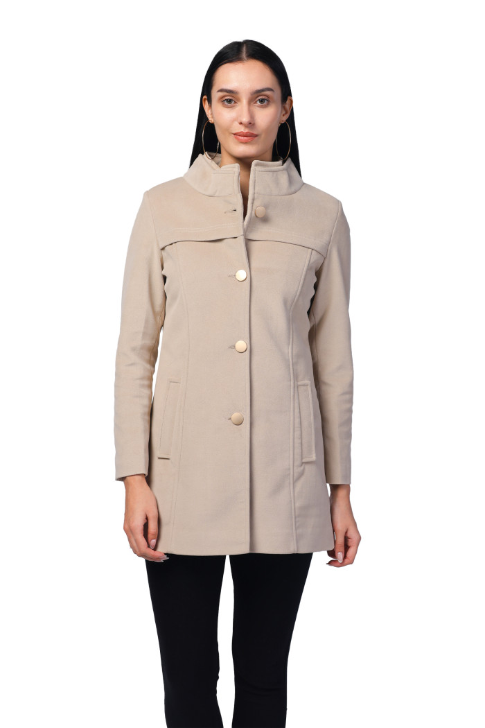 Women Semi Long Coat in Textured Velvet Fabric - Beige