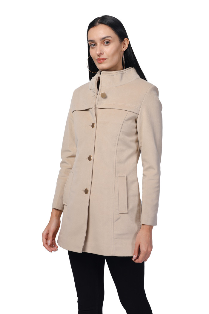 A model showcasing Women Semi Long Coat in Textured Velvet Fabric thumbnail.