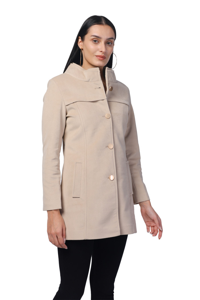 A model showcasing Women Semi Long Coat in Textured Velvet Fabric thumbnail.