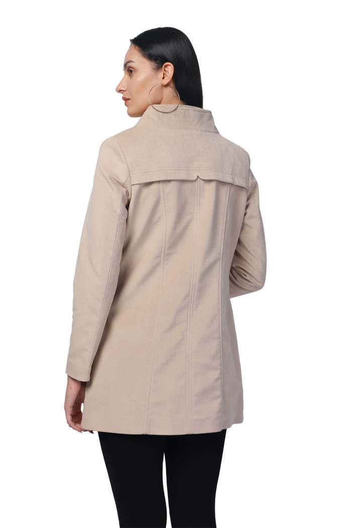 A model showcasing Women Semi Long Coat in Textured Velvet Fabric thumbnail.