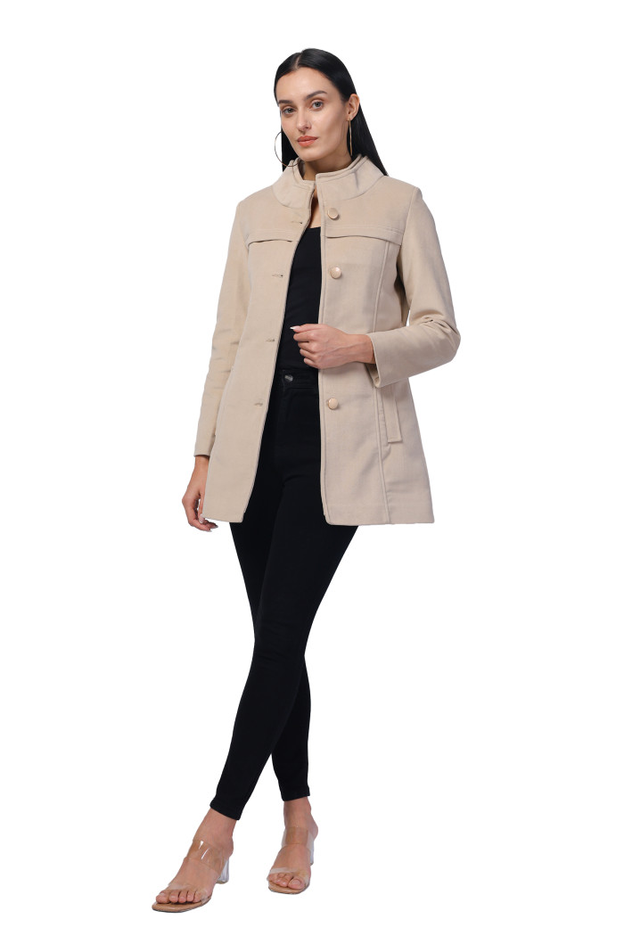 A model showcasing Women Semi Long Coat in Textured Velvet Fabric thumbnail.
