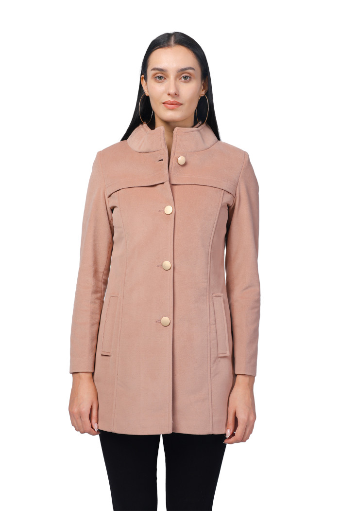 Women Semi Long Coat in Textured Velvet Fabric in Pink Women Semi Long Coat in Textured Velvet Fabric in Pink