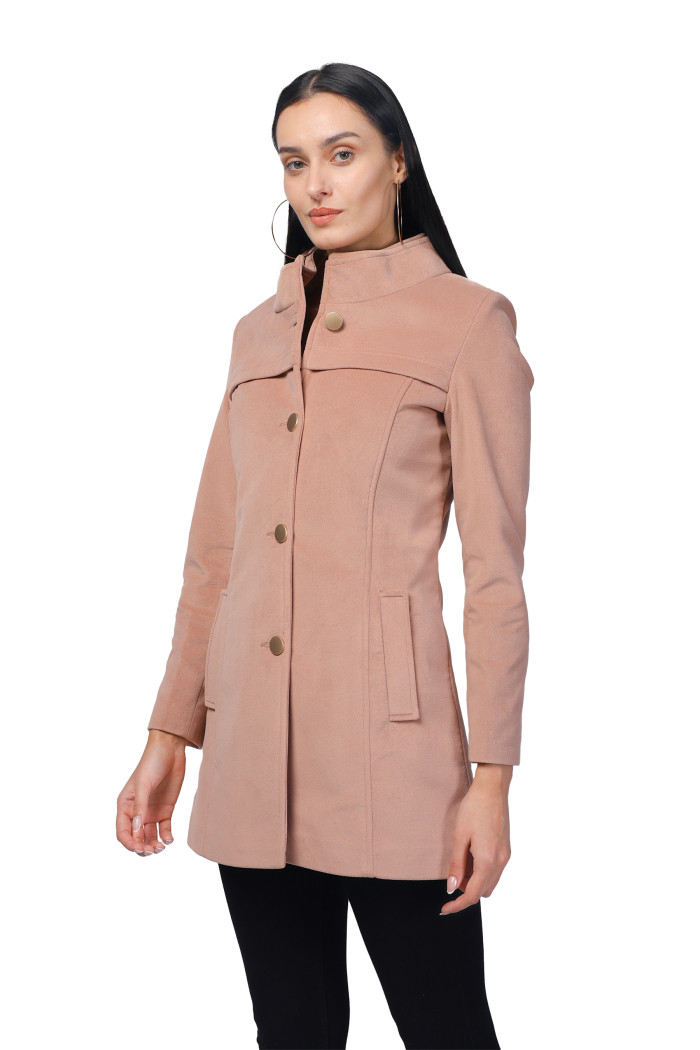 A model showcasing Women Semi Long Coat in Textured Velvet Fabric thumbnail.