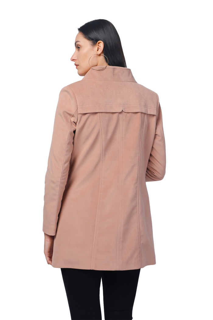 A model showcasing Women Semi Long Coat in Textured Velvet Fabric thumbnail.