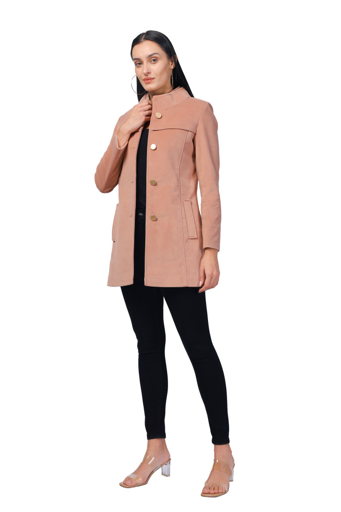 A model showcasing Women Semi Long Coat in Textured Velvet Fabric thumbnail.