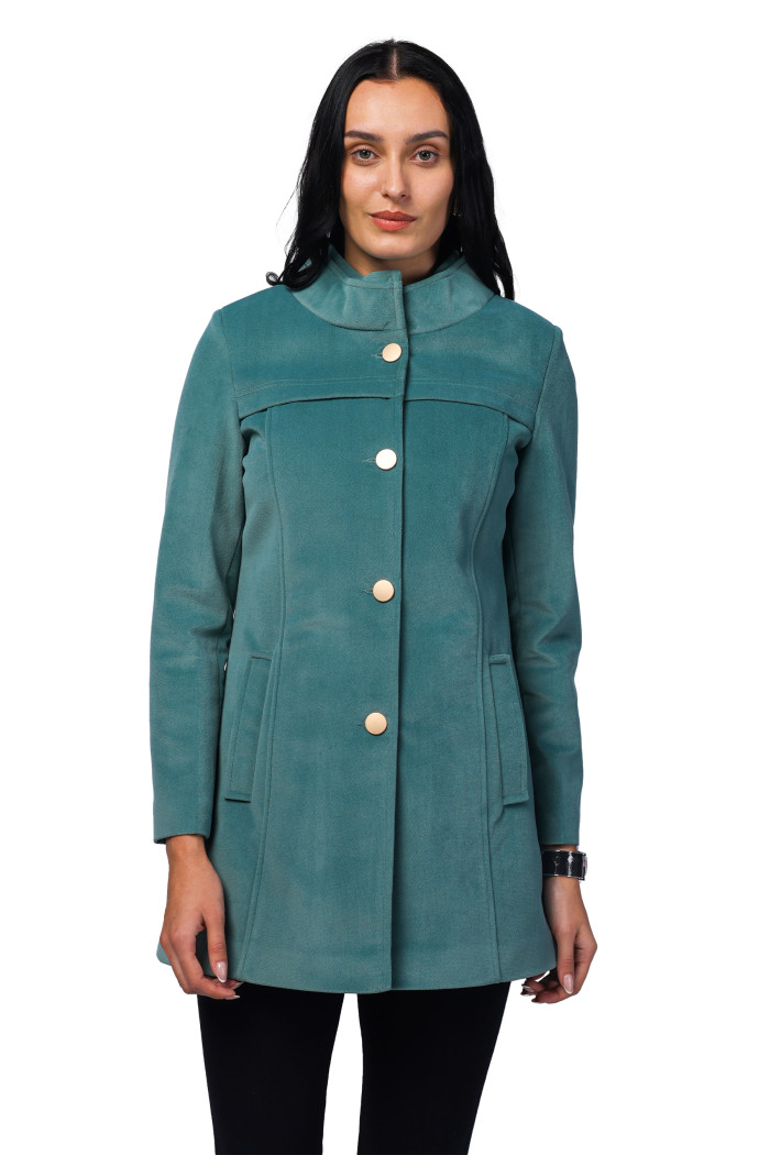 Women Semi Long Coat in Textured Velvet Fabric - Pista