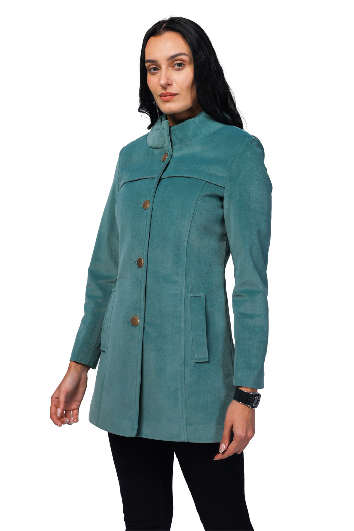 A model showcasing Women Semi Long Coat in Textured Velvet Fabric thumbnail.