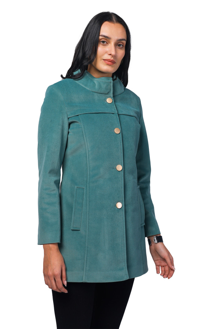A model showcasing Women Semi Long Coat in Textured Velvet Fabric thumbnail.