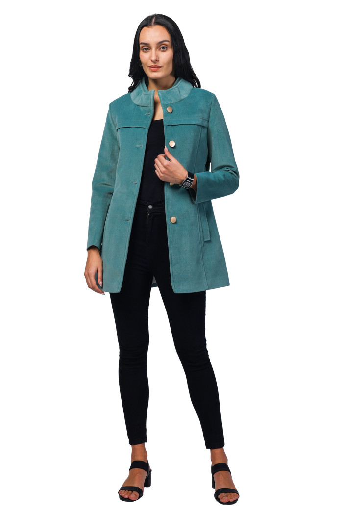 A model showcasing Women Semi Long Coat in Textured Velvet Fabric thumbnail.