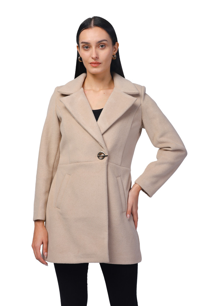 Women Long Double Breasted Coat in Fur Tweed Fabric - Beige