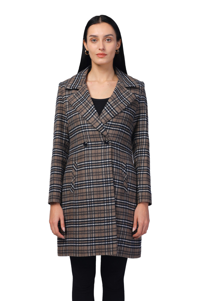 Women Long Double Breasted Coat in Tweed Fabric - Camel