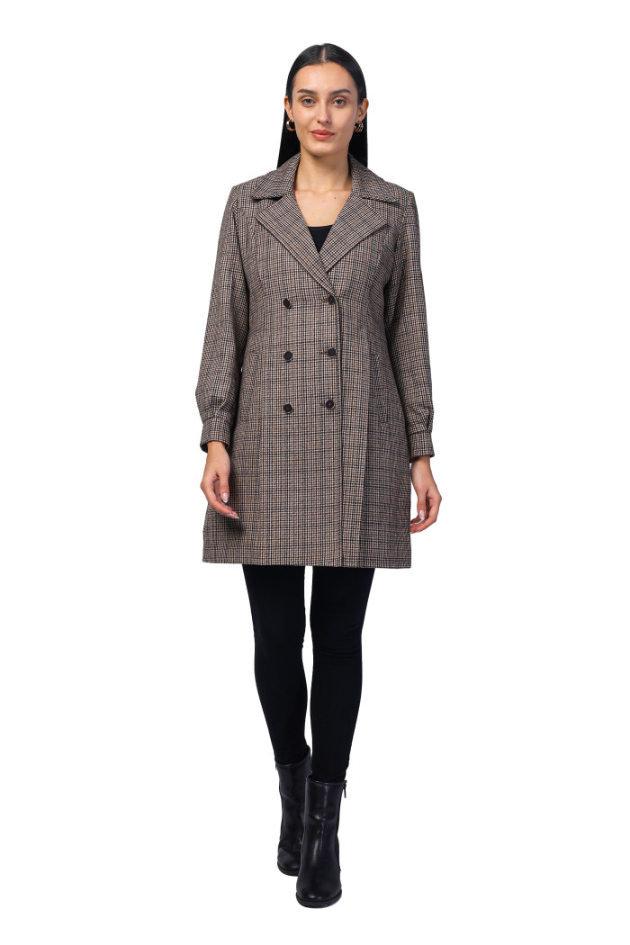 Women Double Breasted Pleated Long Coat in Light Weight Tweed Fabric - Mustard