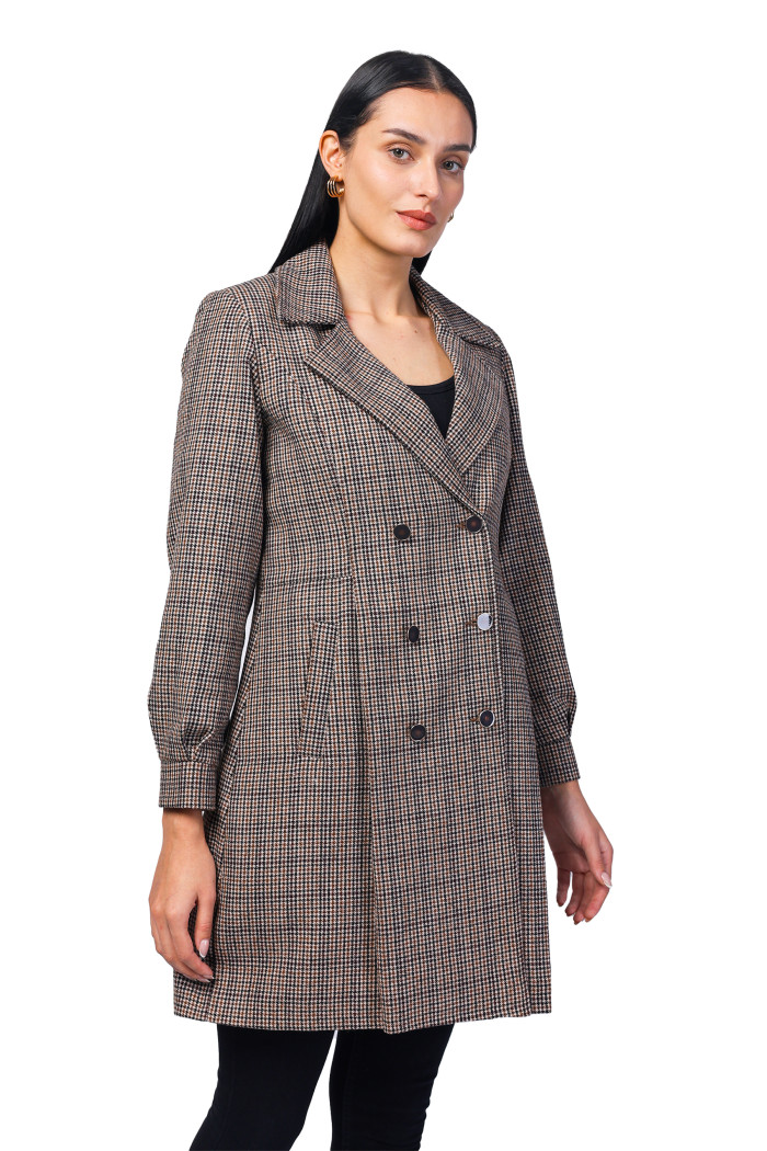 A model showcasing Women Double Breasted Pleated Long Coat in Light Weight Tweed Fabric thumbnail.