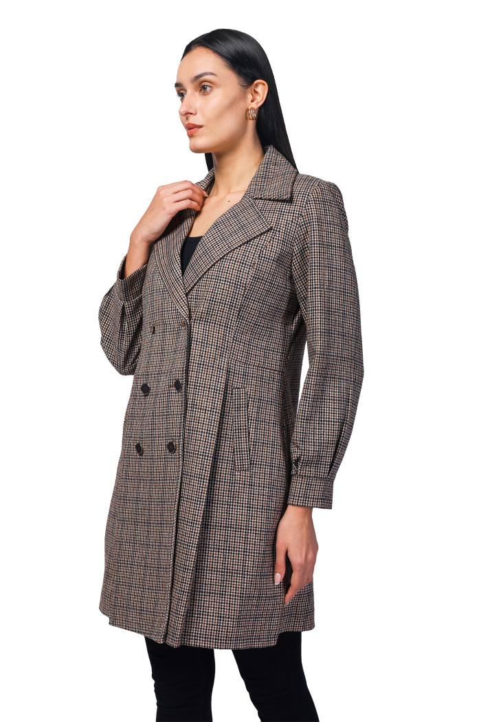 A model showcasing Women Double Breasted Pleated Long Coat in Light Weight Tweed Fabric thumbnail.