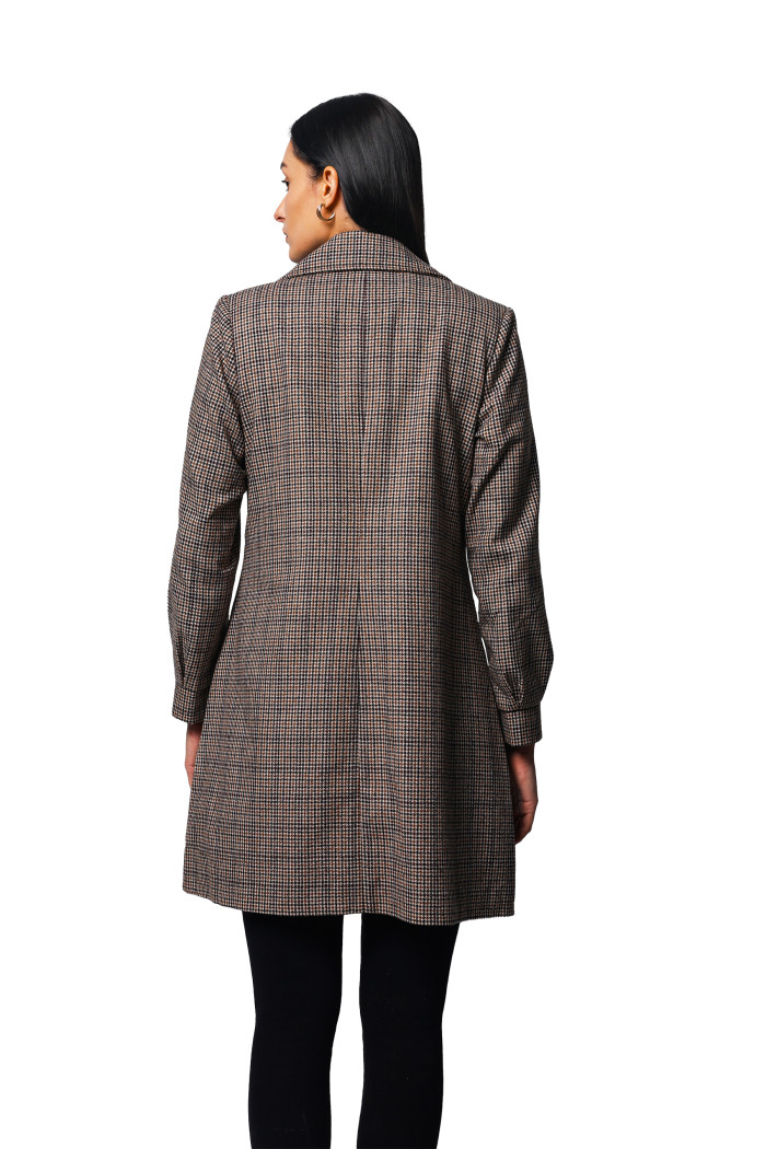 A model showcasing Women Double Breasted Pleated Long Coat in Light Weight Tweed Fabric thumbnail.