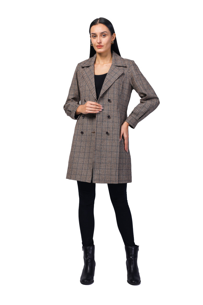 A model showcasing Women Double Breasted Pleated Long Coat in Light Weight Tweed Fabric thumbnail.