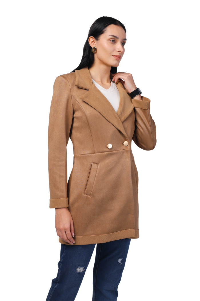 A model showcasing Women Semi Long Coat in Antipilling Suede Fabric thumbnail.